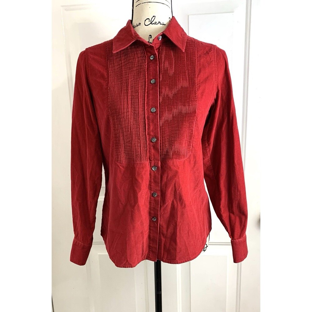 J Jill Womens Blouse Top Sz XS Red Corduroy Button Up Long Slv Shirt w/Pintucks